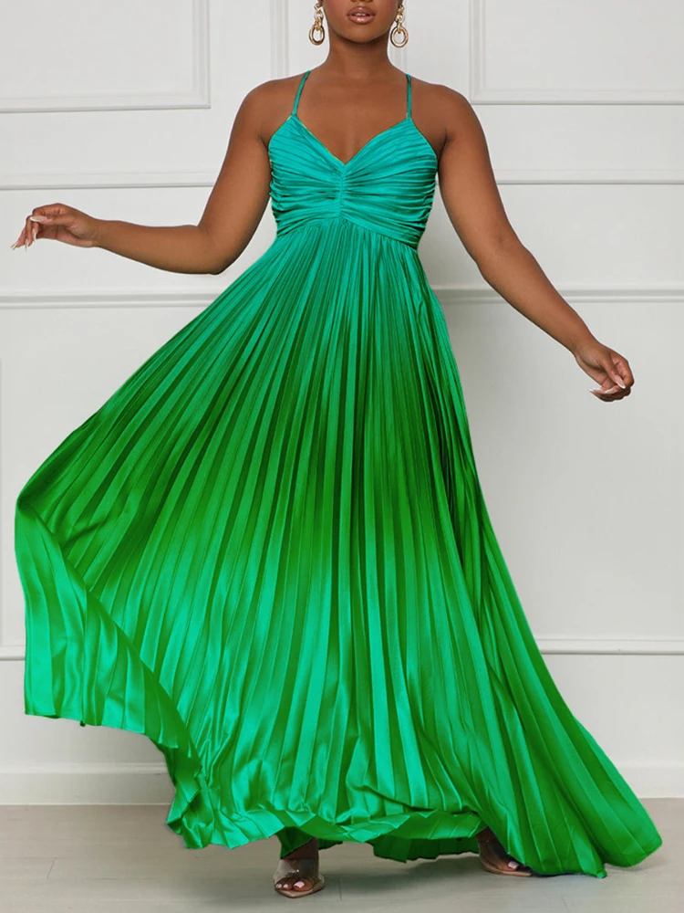 Sexy Women Color Block Spaghetti Strap Backless Evening Cocktail Party Dress Floor-Length Pleated Chic Gown Big Size Summer New