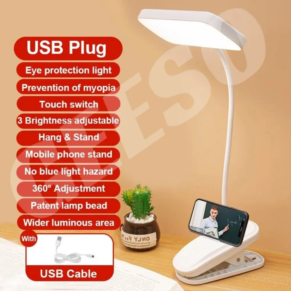 Clip Wireless Table Lamp Eye-Caring 3 Brightness Adjustable Touch Switch Rechargeable & USB Plug LED Reading Desk Lamp Table Lig