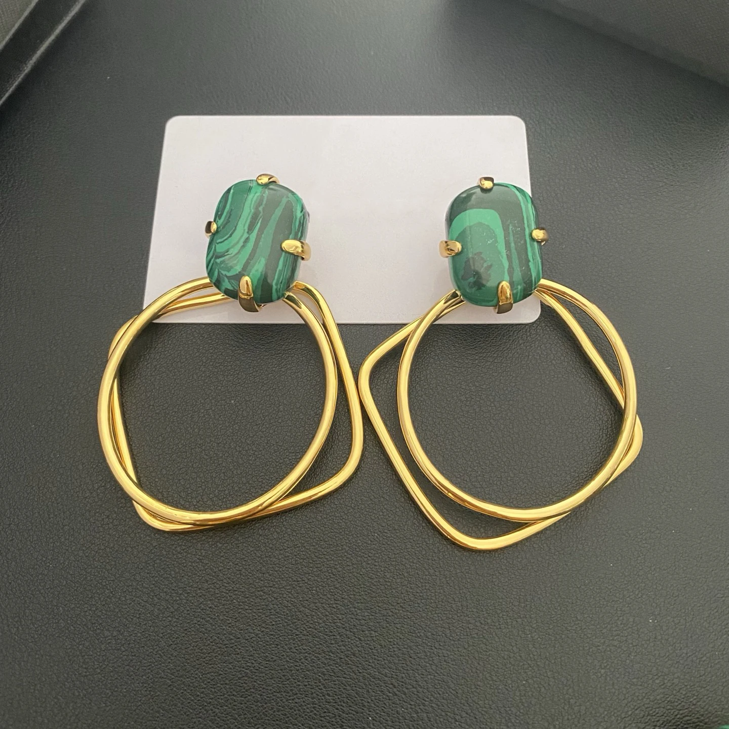 Europe America Brass Plated Gold Green Malachite Geometric Earrings Big Ear Clip Women Designer Jewelry