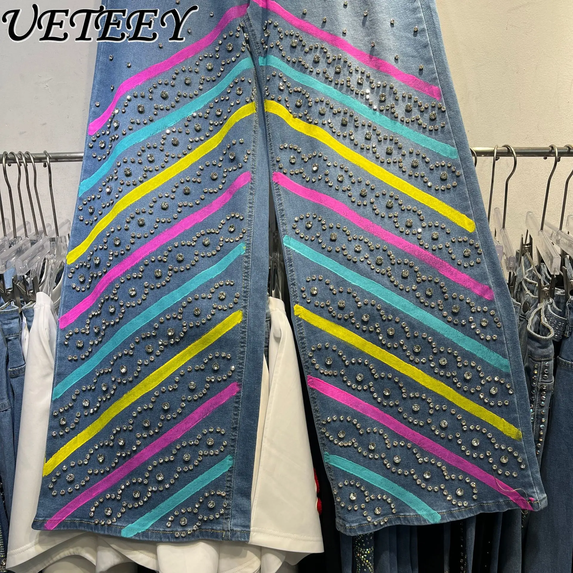 Damskie szerokie spodnie jeansowe w stylu europejskim z kryształkami, blokami kolorów i prostymi nogawkami, wytrzymałe długie spodnie, pantalon damski.