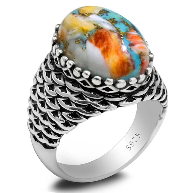 

S925 Sterling Silver Men and Women Türkiye Handmade Ring Natural Oyster Turquoise Vintage Fashion Luxury Jewelry Gift