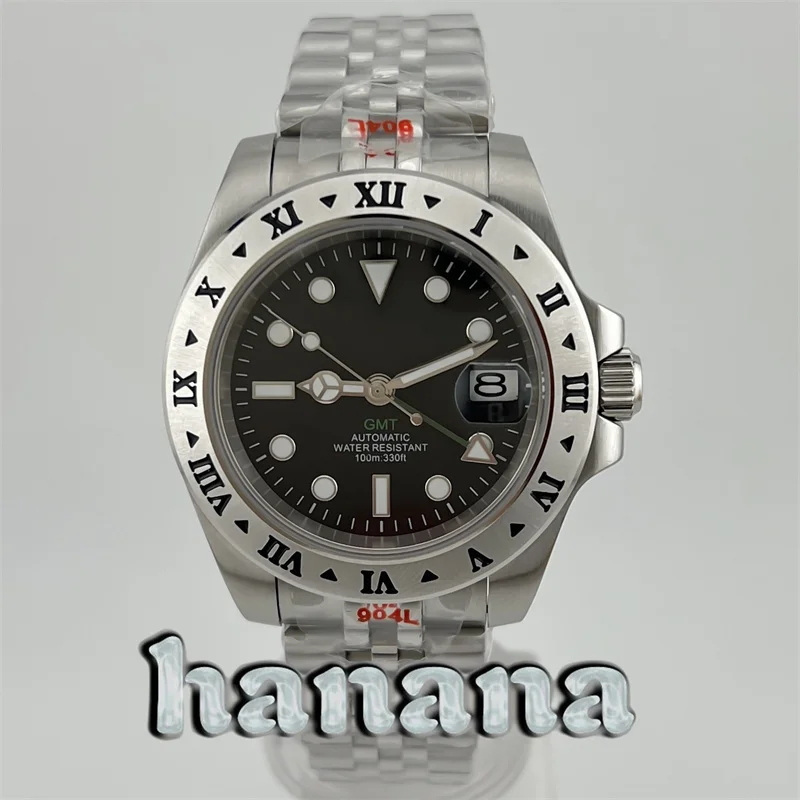 

40 мм водонепроницаемые мужские автоматические механические часы GMT из нержавеющей стали, механизм NH34, сапфировое стекло, римские цифры, фиксированный безель