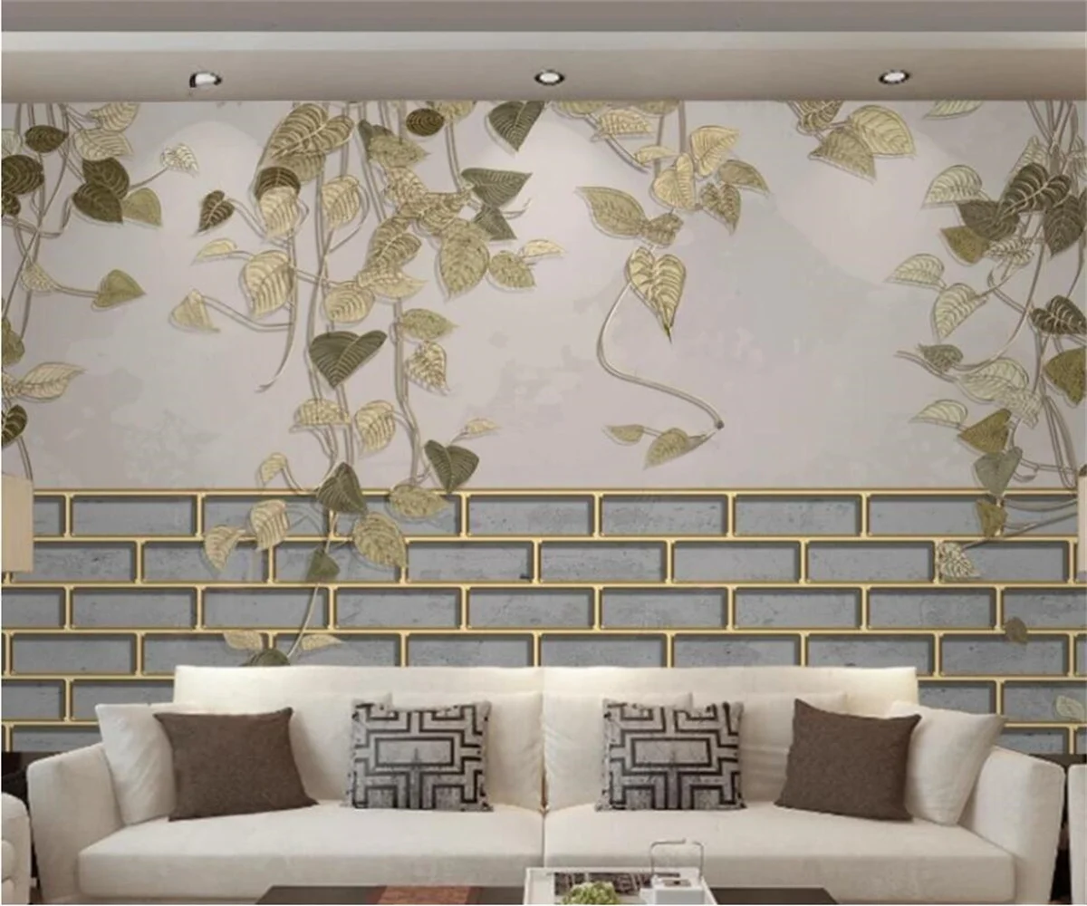 

Custom murals hand-painted green plants light luxury golden embossed lines bedroom interior background wall 3d wallpaper