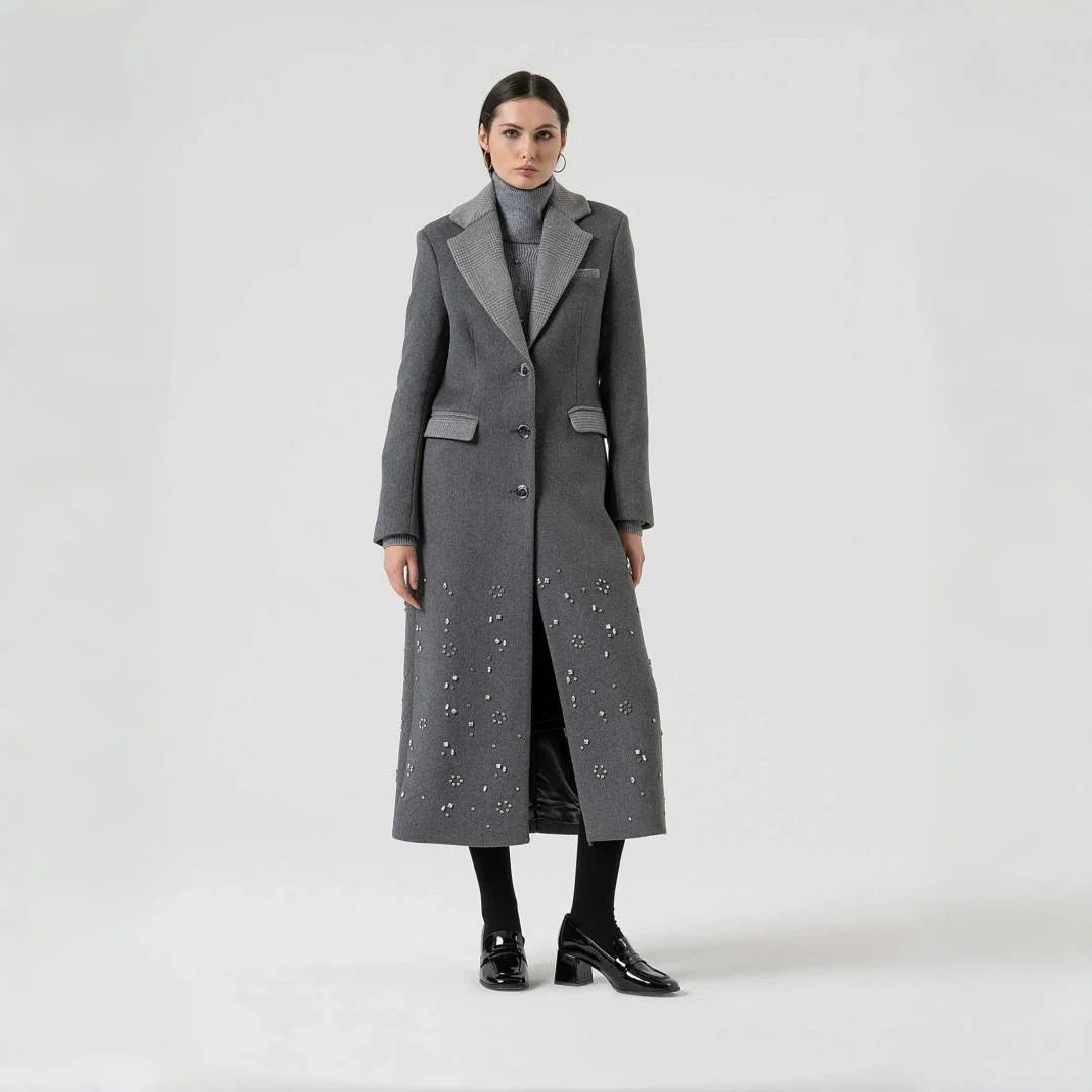 Moda personalizada grosso casaco quente para mulheres entalhado lapela manga longa outono inverno cristais jaqueta ao ar livre roupas