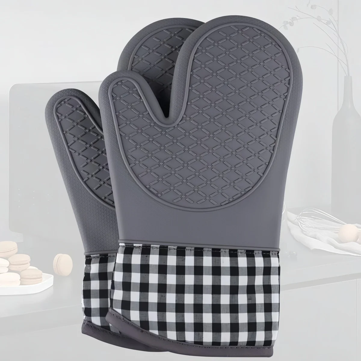 Guantes antiescaldado de silicona para cocina, 2 uds., horno, algodón grueso y alargado, guantes aislantes para horno microondas para el hogar ha