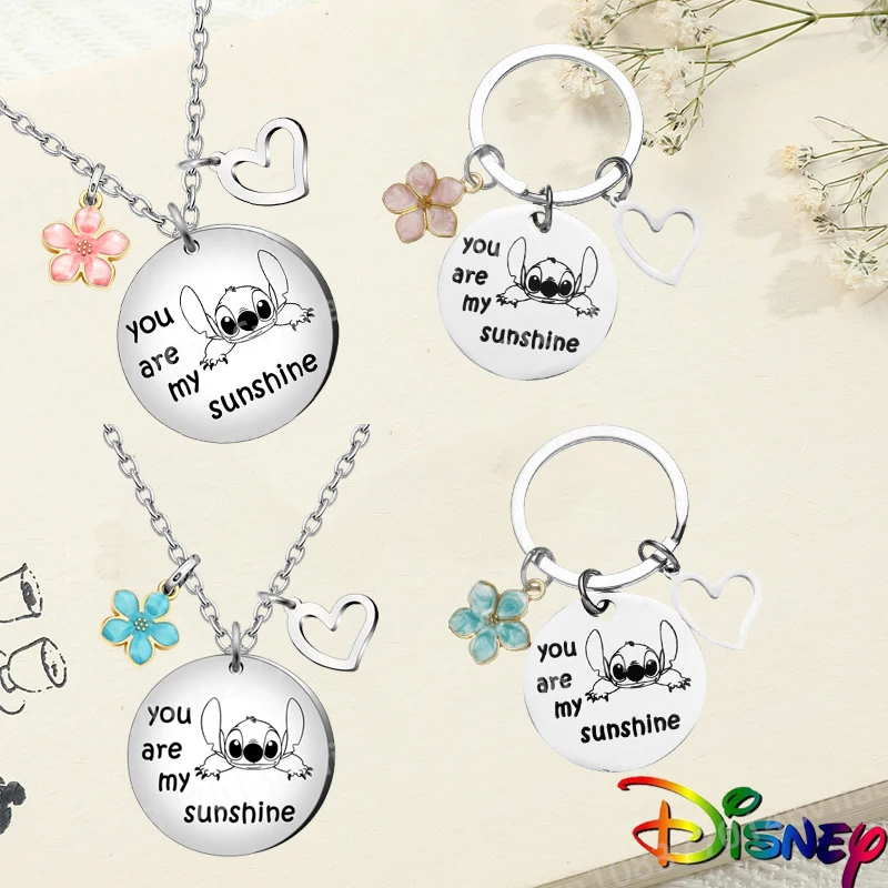 New Anime Disney Stitch Peripheral Lovely Lovers Necklace Elegant Ladies Petal Clavicle Chain Cartoon Jewelry Keychain Gifts