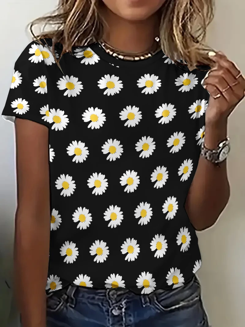 Black Floral Print Women T Shirts Sweet Elegant White Little Daisy 3D Short Sleeve Tops Tee New Summer Streetwear Casual Clothes