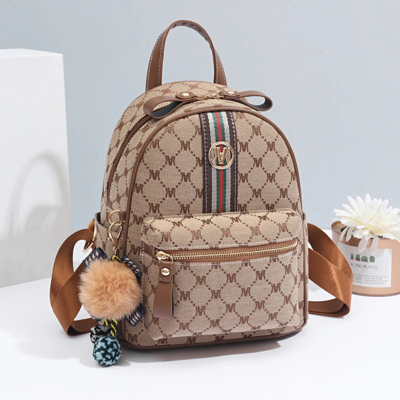 Fashion retro letter diamond-shaped printed backpack, all-matching travel backpack, exquisite small pompom pendant decoration