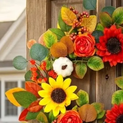 20 Inch Autumn Wreath With Sunflowers Pumpkins Maple Leaves For Front Door Wall Decor Halloween Thanksgiving Harvest Floral Deco