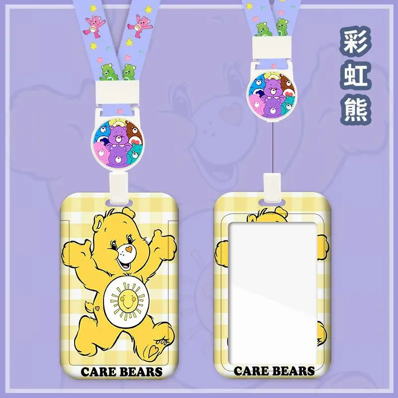 MINISO Care Bears Campus Cute Card Holder Transparent Long Lanyard Cartoon Key Chain Bus Access Control Subway Card Animation