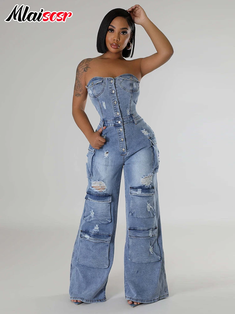 Mlaiscsr Multi Pockets Ripped Stretch Denim Cargo Pants Blue Wide Legs Jumpsuits Women Sleeveless Off Shoulder Rompers Overalls