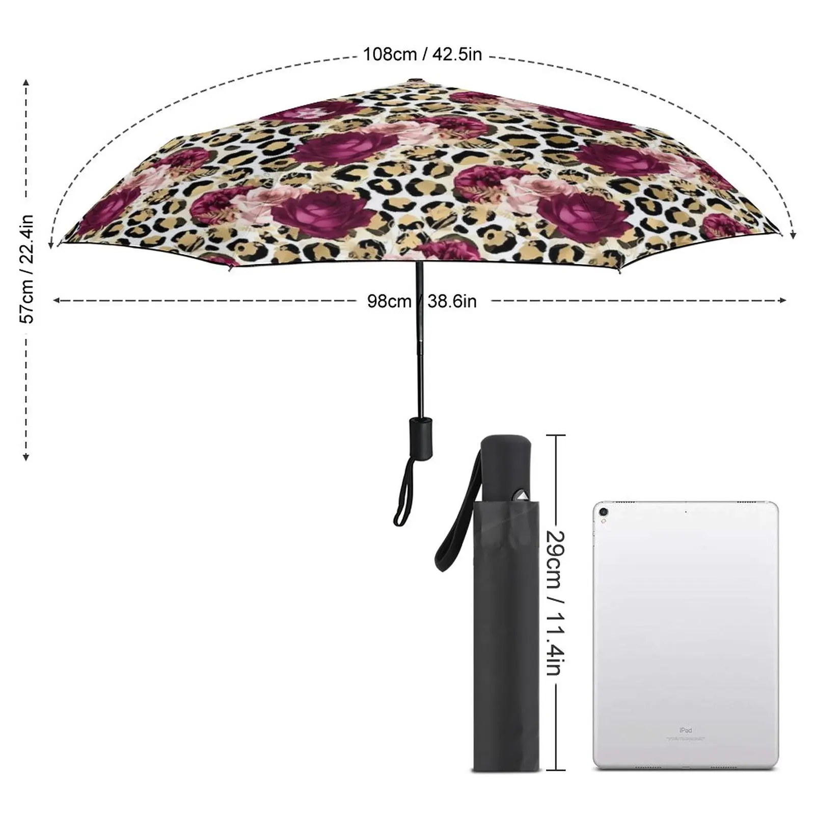 Floral Leopard Umbrella Gold And Pink Waterproof Auto Umbrella Aesthetic Art Portable Fishing Umbrella