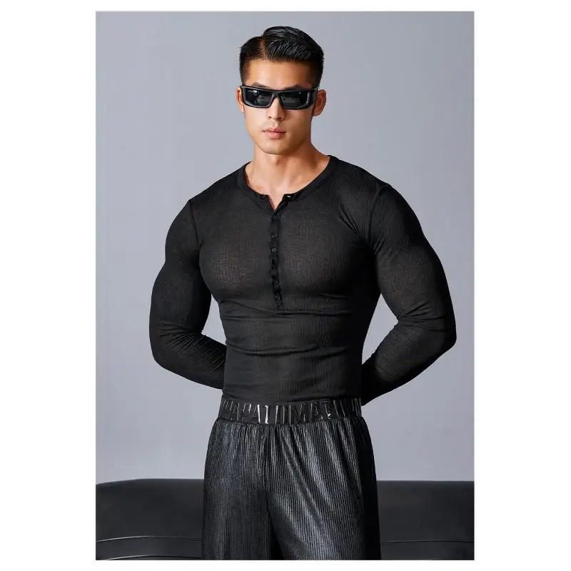 DROZENO Base Shirt Men's And Women's New Mesh Texture Slim Fit Black Pullover Long Sleeve