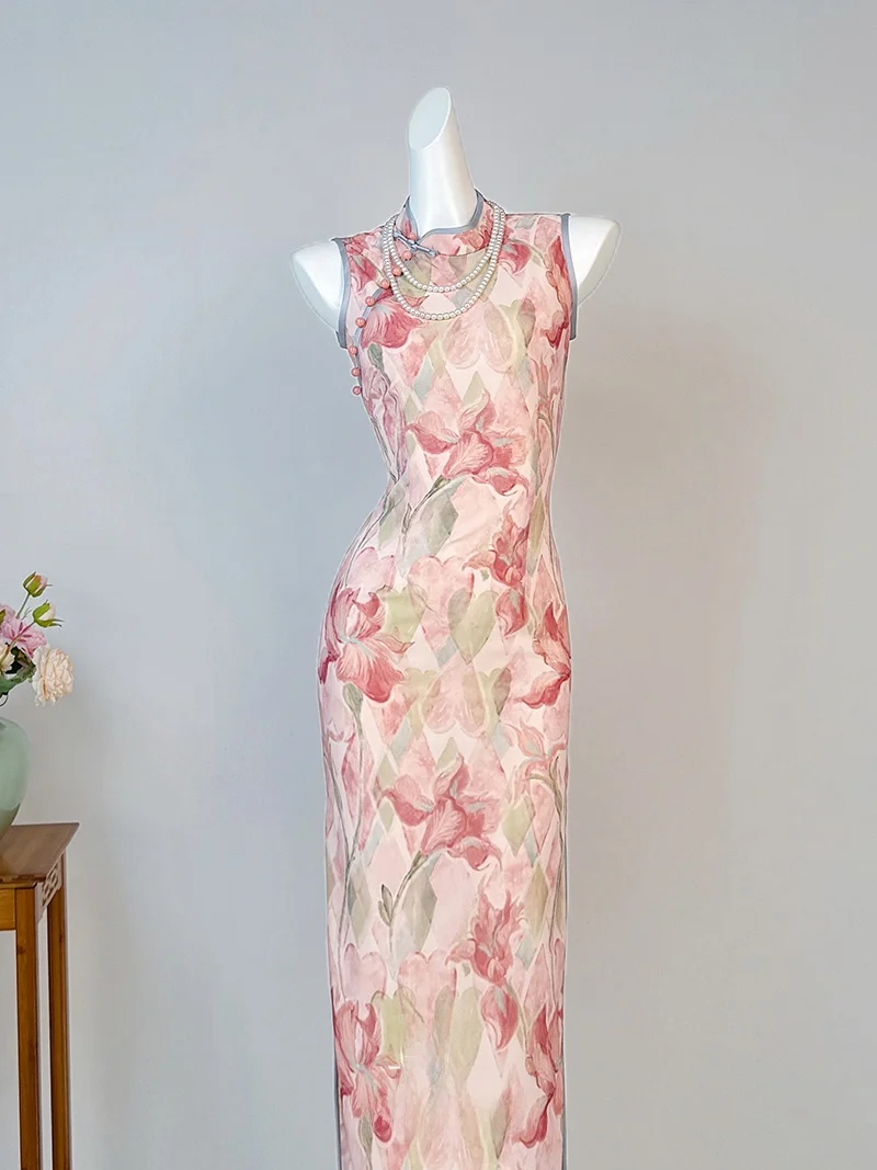 

New Chinese Style Sleeveless Pink Women's Summer 2026 Special Waist-Cinched Lace National Style Long Dress