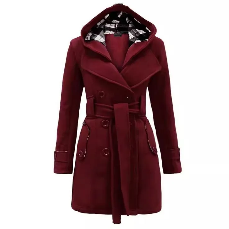 Plaid Hooded Belt Coat with Long Sleeves Slim Fit Vintage Artistic Patchwork Construction Mid Length Women Coat for Autumn