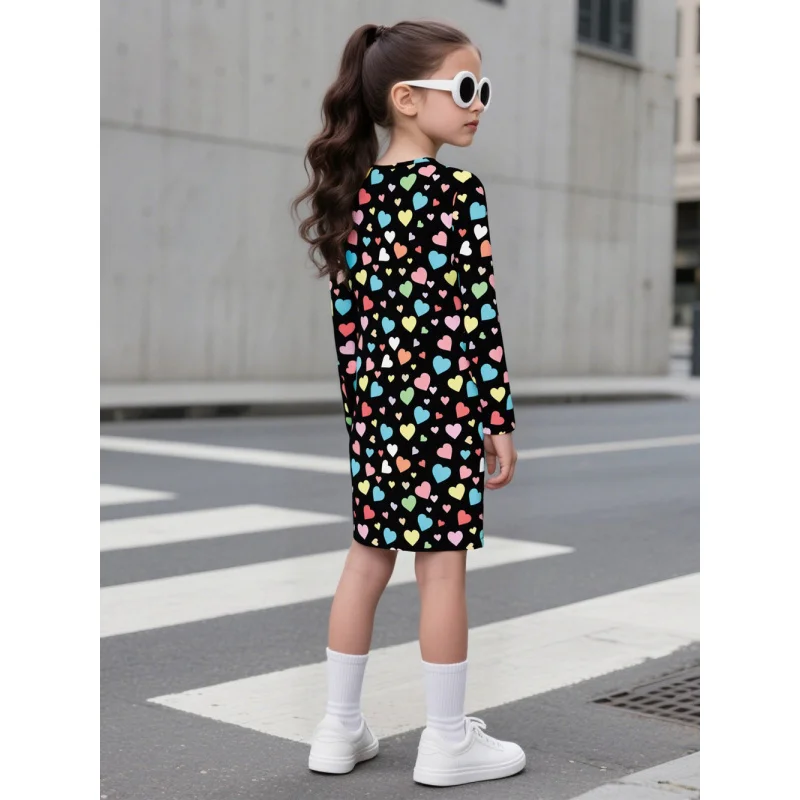 Girls Long Sleeve Bodycon Dress with Colorful Heart Print Black Casual Trendy Streetwear Party Outfit for Kids