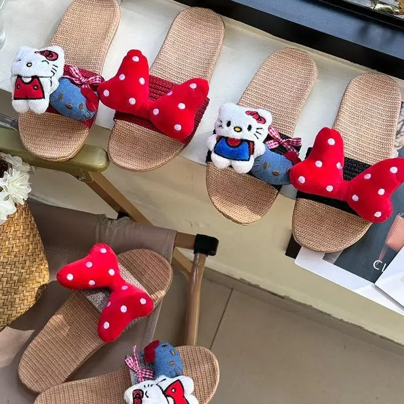 

real photos 2025 New summer hello kitty doll Cute Cartoon KT Cat For Home Outdoor Wear Anti Slip big red bow women slippers