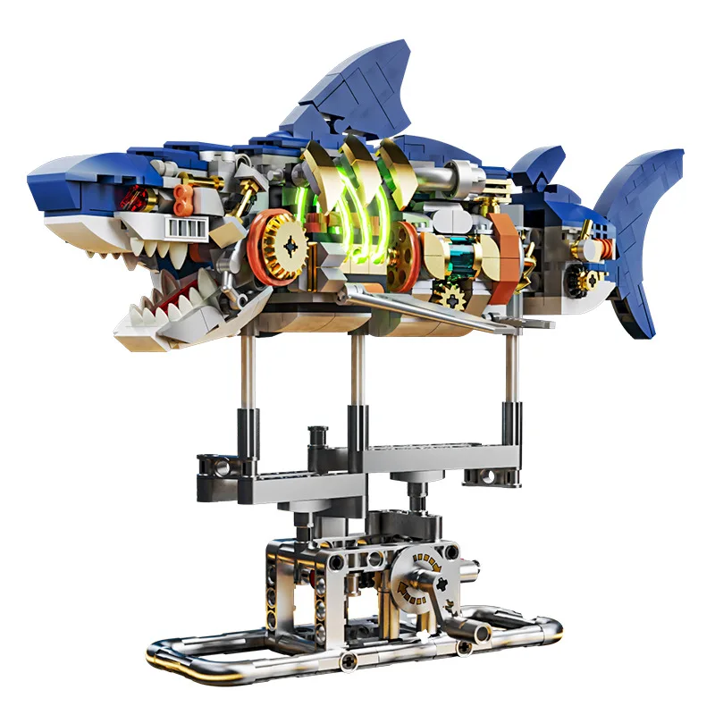 New Mechanical Shark Giant Bug Toy Movable Model Building Block Set With Display Booth and Lights, Gifts For Adults And Children