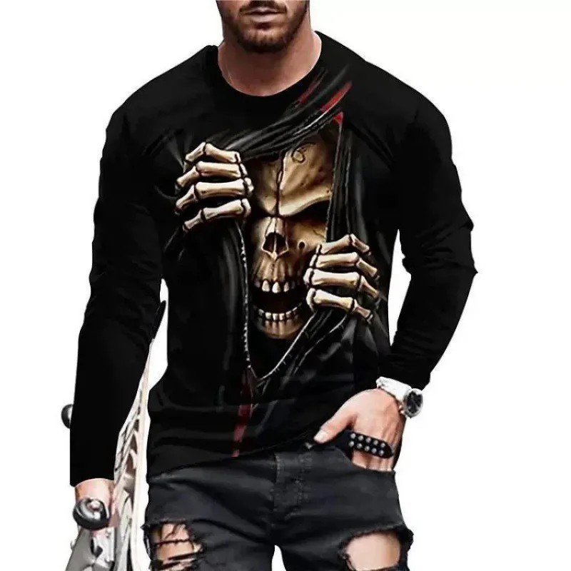 Hot Selling European and American Men's Spring and Autumn 3D Digital Printing Trend Fashion New Product Round Neck Men's Top T-s