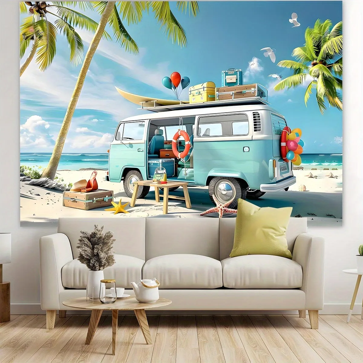 Retro Van Beach Tapestry, Palm Tree Ocean Wall Hanging, Surfboard Luggage Decor, Summer Travel Background Cloth