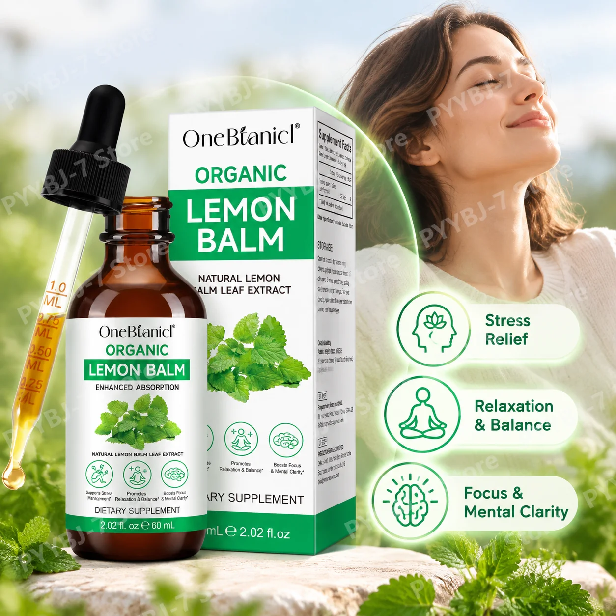 Organic Lemon Balm Drops Stress Relief with 590 Mg Lemon Balm Leaf Extract E Promotes Relaxation Calm Mood Mental Focus 60 ML