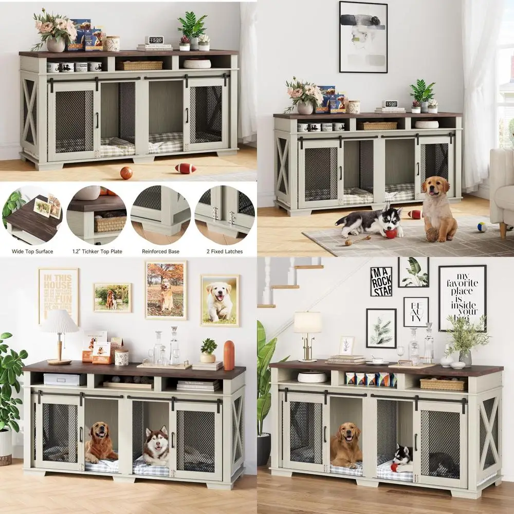 

Большая двойная клетка для собак с выдвижными ящиками для хранения и съемной перегородкой для 1-2 собак, мебельный вольер для собак с раздвижной дверцей-распашонкой