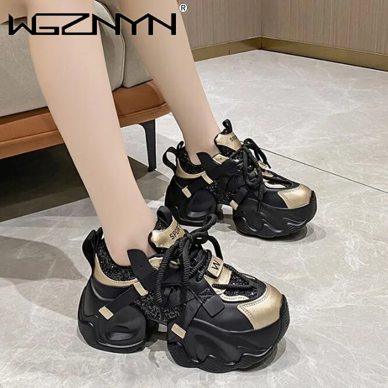 

Women Autumn New Designer Chunky Sneakers Thick Bottom Leather Shoes High Platform Vulcanize Shoes Bling Casual Sports Dad Shoes