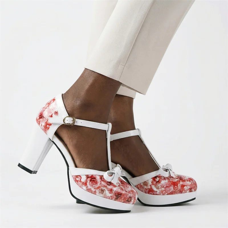 YMECHIC ‌‌‌2026 New Floral Print Block Heel Mary Jane Shoes for Women, Sweet Platform Single Shoes, Hot Selling on Global Market
