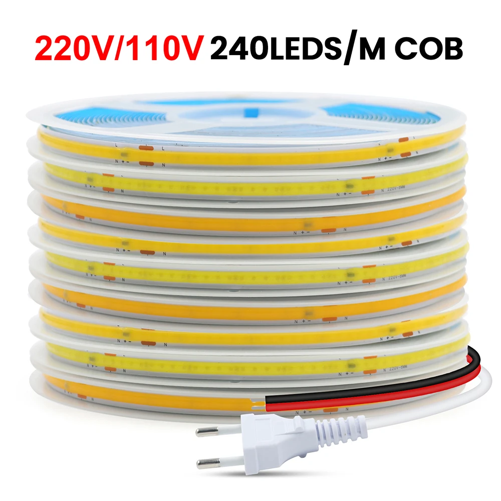 

220V 110V COB LED 5m 10m 20m 50m Strip Light 2pin Power Kit 3000k 4000k 6000k 240LED Flex Tape with IC IP20 RA90 Linear Lighting