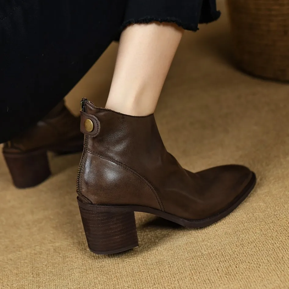 

Ankle Boots Women European Style Women Winte Boots Autumn Spring Concise Cowhide Thick High Heels Classic Ladies Shoes Back Zip