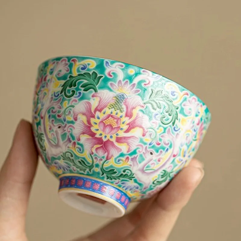 Turquoise Green Enamel Heart Ceramic Cup Retro Large Personal Single Tasting Tea Bowl Kung Fu Household Decor Gift