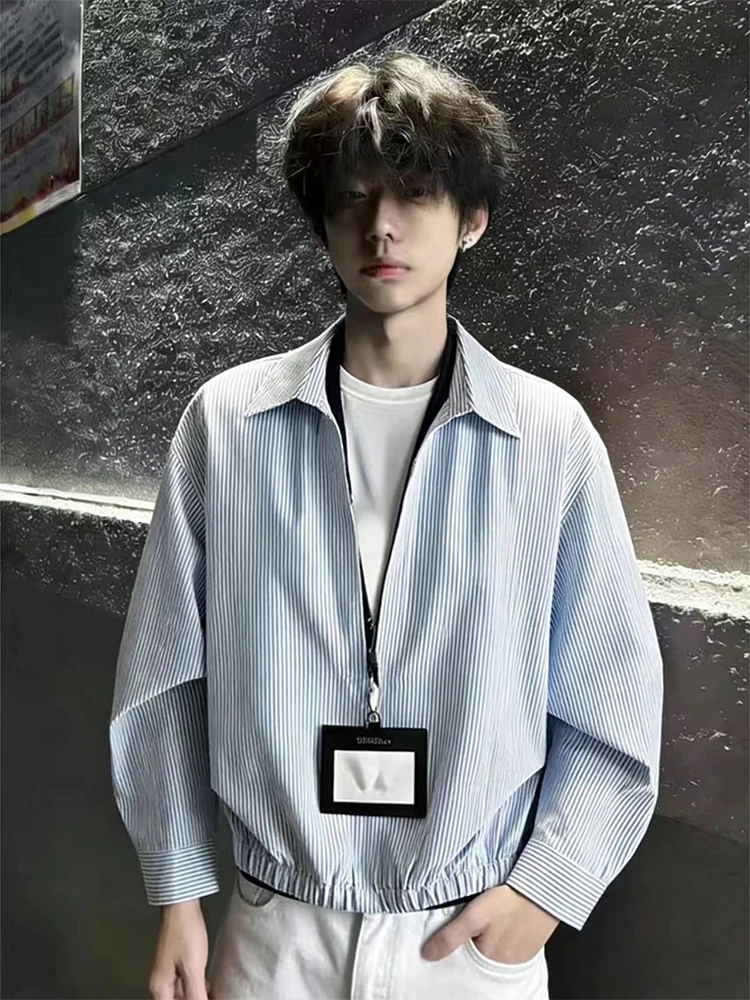 

Мужская синяя полосатая рубашка с длинным рукавом, весенний дизайн, имитация двухслойности, с отложным воротником, повседневная, приталенная, для весеннего сезона