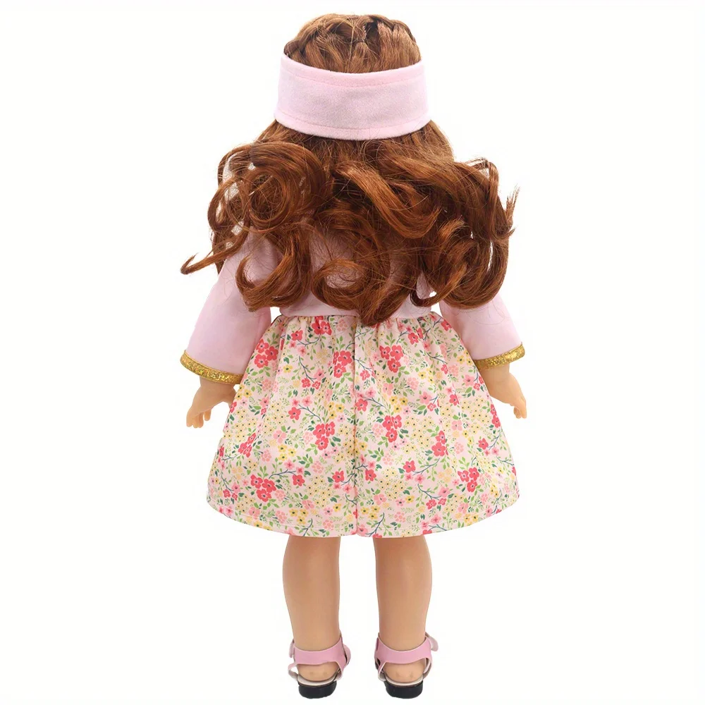 1 set of long-sleeved floral dress with gold trim doll clothes for 18-inch (45.7cm) doll girls. Suitable for American dolls