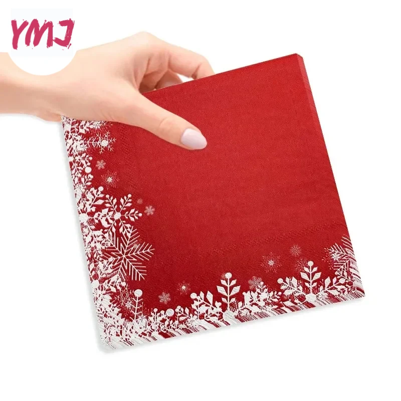 Christmas Red Snowflake Paper Napkins Christmas Decoration Supplies Ice Festival Party Printed Napkins 2-Ply 10/20pcs 33*33cm