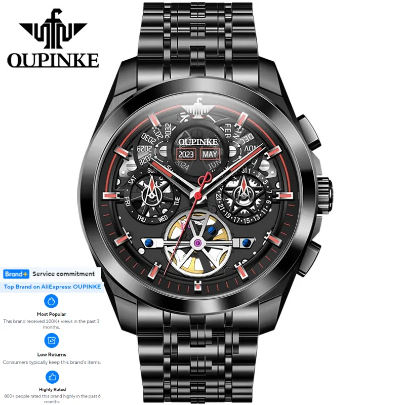 

OUPINKE 3235 Мужские часы Многофункциональный календарь Скелет Черные автоматические механические ручные часы из нержавеющей стали Мужские