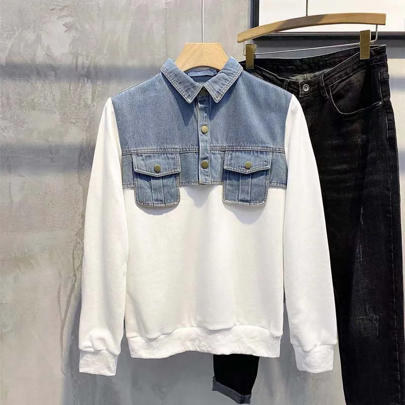 2021 Korean Version Of The Trend Shirt Lead Two Pieces Of Sweater Men's Autumn Tide Cards Stitching Cowboy Handsome