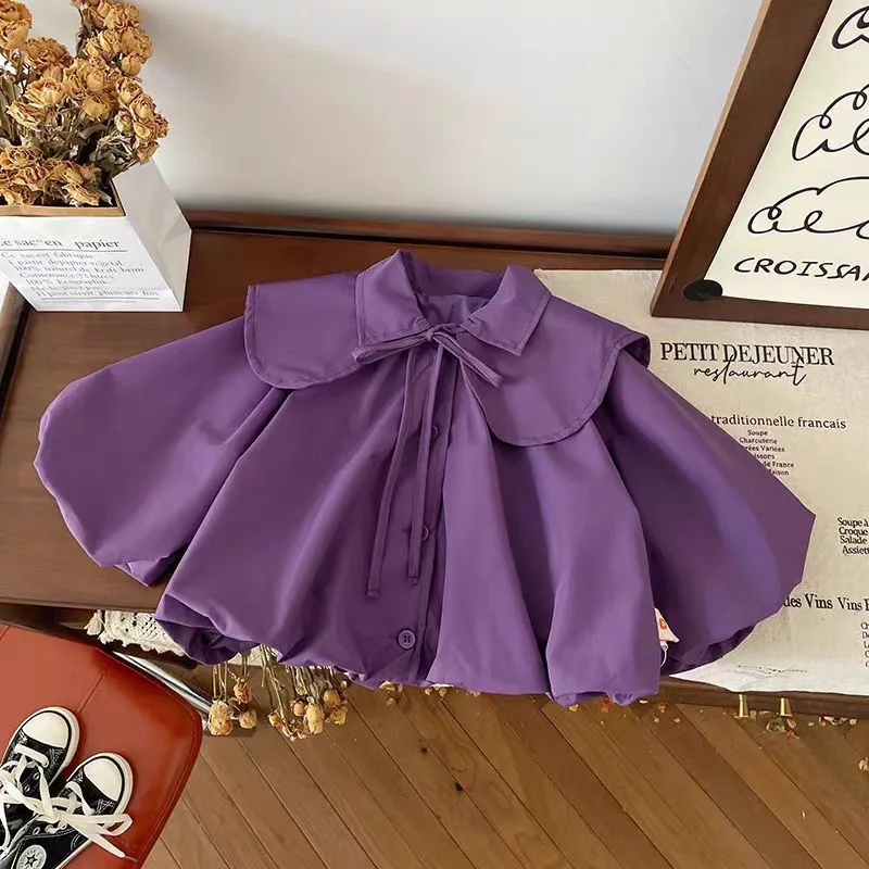 

Spring and Autumn Girls' Clothing Jacket Children's Korean Shawl Petal Collar Lady Bubble Sleeve Windbreaker