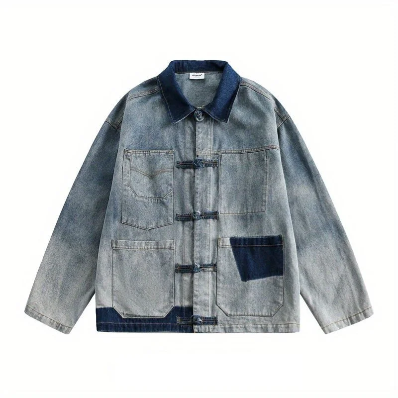 

Retro Chinese Style Men Chic Distressed Denim Jacket with Frog Buttons Unisex Vintage Streetwear Coat for Casual Couple Wear
