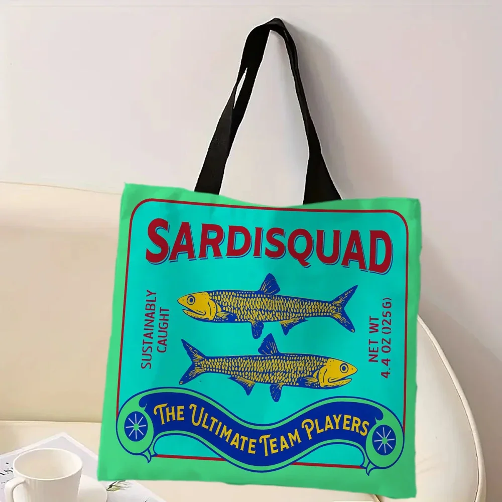 Bolso casual colorido de moda con estampado de sardines, mochila de moda reutilizable, bolso de mano multifuncional, bolso de compras de poliéster