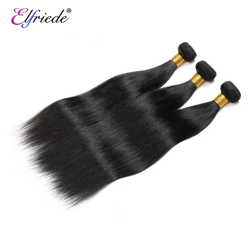 Elfriede Natural Black Straight Bundles with Closure Brazilian Remy Human Hair Weave 3 Bundles with 4X4 Transparent Lace Closure