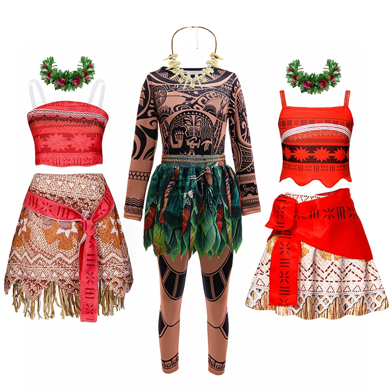 New Movie Moana 2 Dress for Girls Adventure Costume Girl Princess Fancy Clothes Children Vaiana Carnival Party Necklace Flower