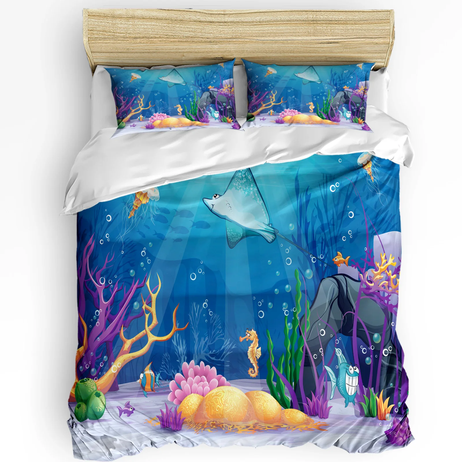 3 قطعة طقم سرير تحت الماء الحيوانات الحياة البحرية الكرتون المنسوجات المنزلية غطاء لحاف كيس وسادة صبي طفل في سن المراهقة فتاة الفراش يغطي مجموعة