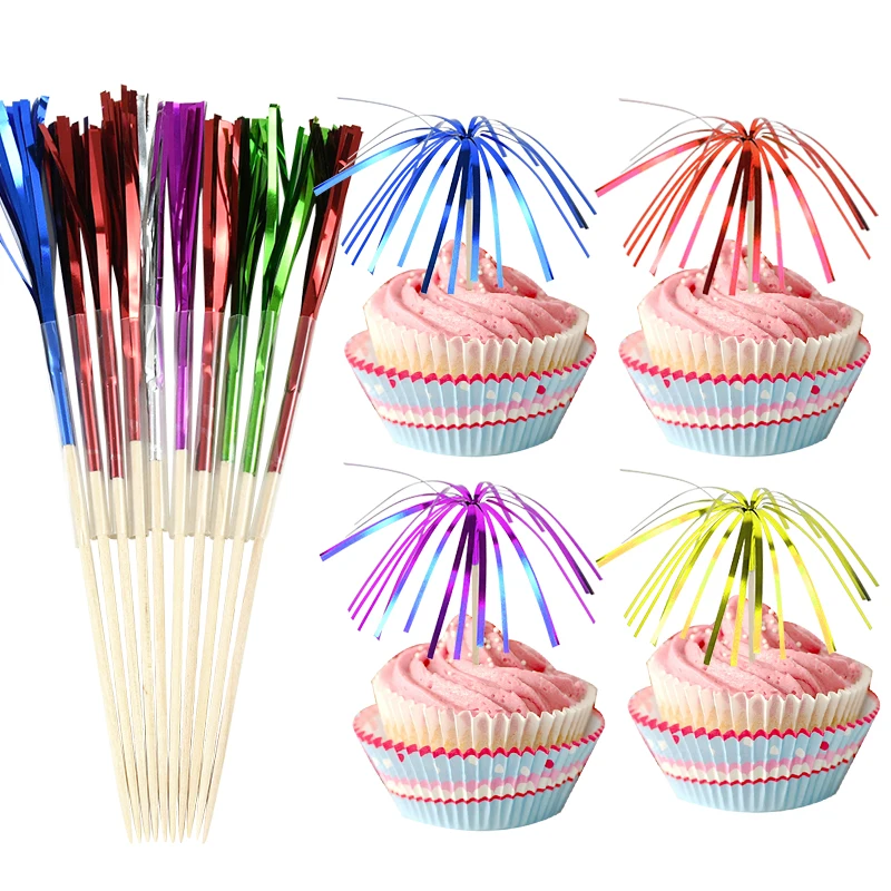 

30pcs Glitte Firework Cake Toppers Sequin Tassels Cupcake Topper Happy Birthday Cakes Decoration Wedding Baby Shower DIY Decor