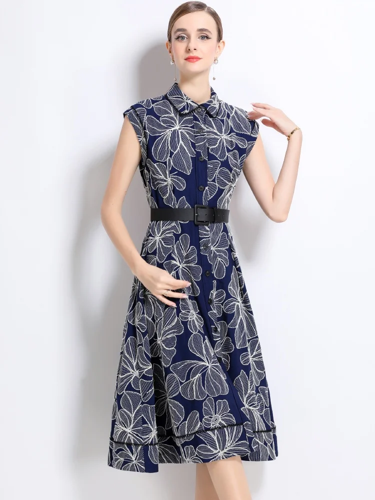 Nieuwe zomer mouwloze revers geborduurde print halflange jurk met enkele rij knopen dames vintage elegante slanke taille runway-jurk