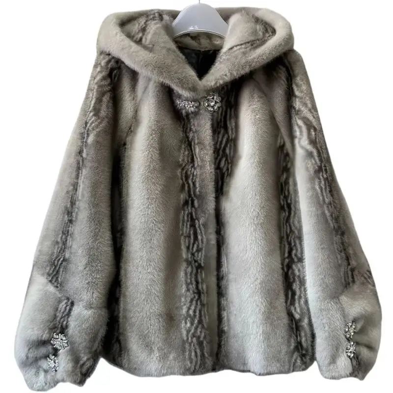 Faux Mink Fur Coat for Women,Hooded Short Jackets,Covered Button Overcoat,Batwing Sleeve , Female Clothes, Winter,New, 2024