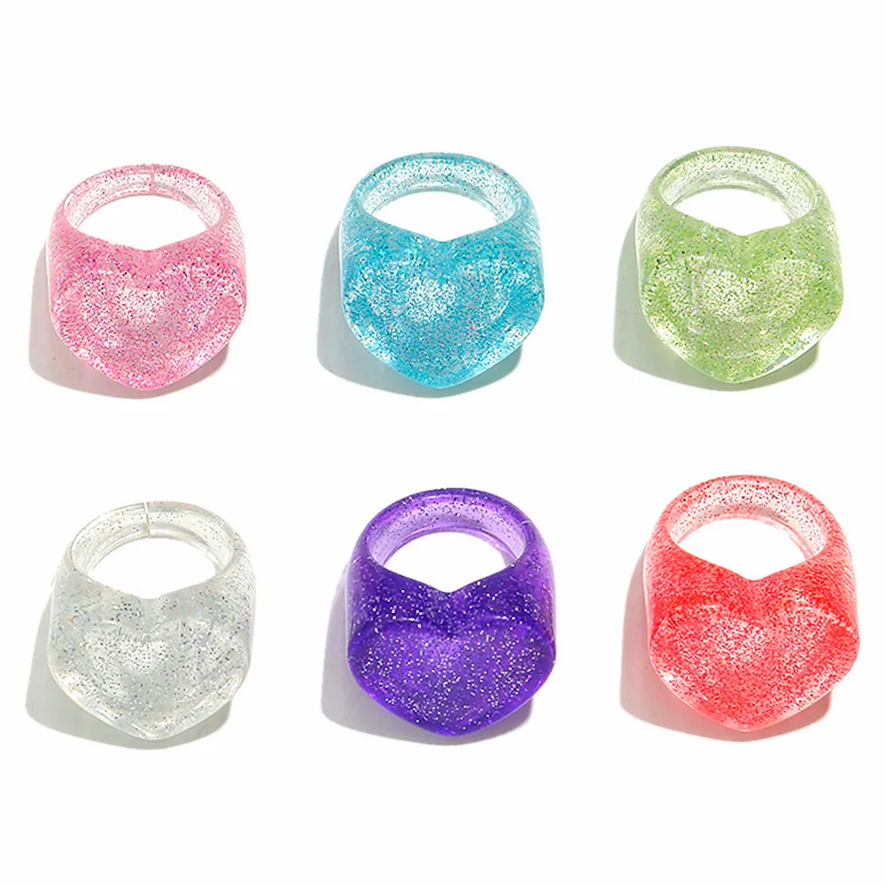 Anillos de corazón coloridos con purpurina para mujeres y niñas, anillo transparente geométrico de resina dulce, joyería para fiesta y playa