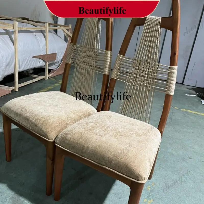 d178 Household retro wabi-sabi wind solid wood rope woven rattan back chair new Chinese style guest reception, master single cha