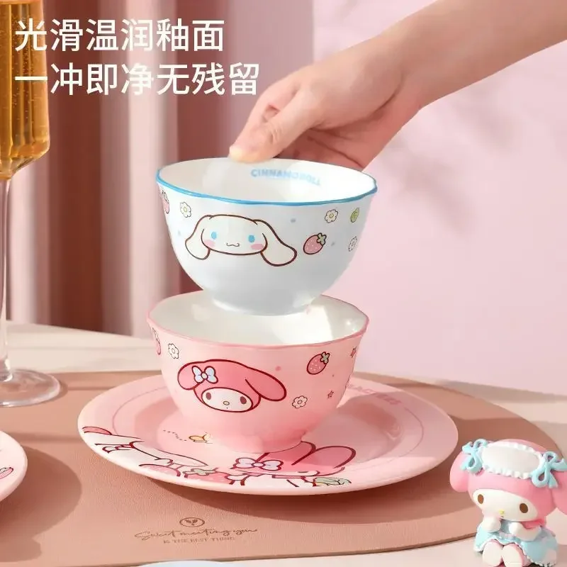 SANRIO Cinnamoroll ชุดจานชามเซรามิคลายการ์ตูนน่ารัก, ชุดเครื่องใช้บนโต๊ะอาหารเซรามิกลายการ์ตูนน่ารักน่ารักน่ารักสำหรับเด็กผู้หญิง