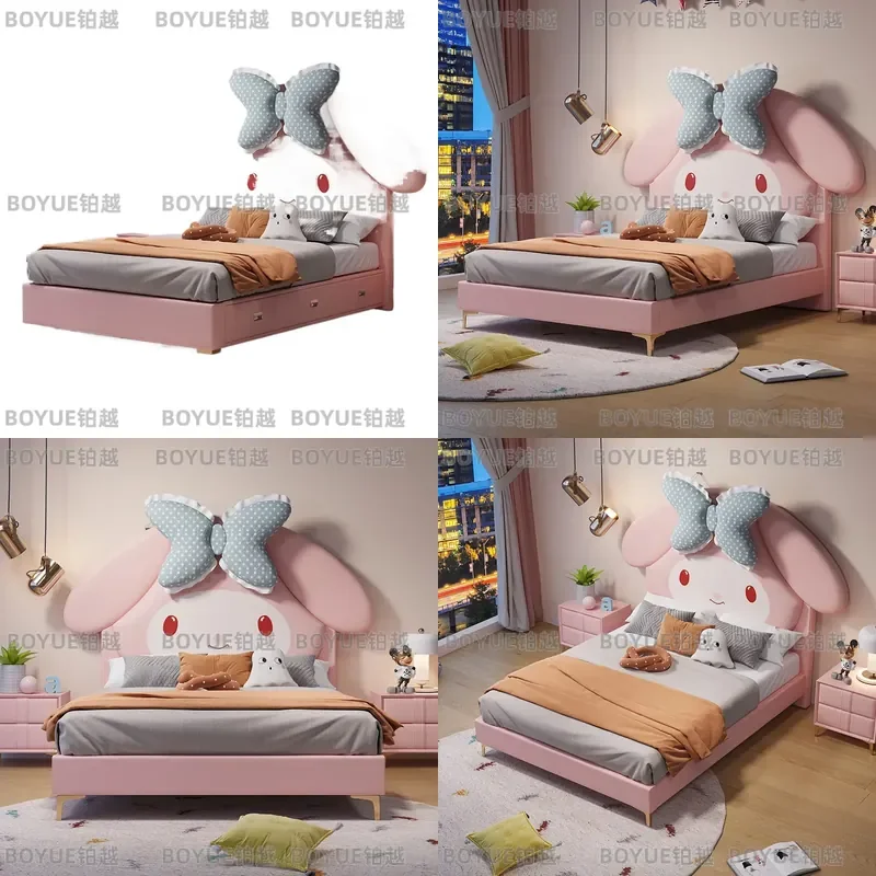 Pink Princess Bed for Girls with Safety Guardrail Cute Kids Bedroom Furniture Toddler Single Bed Frame Children Room Decor