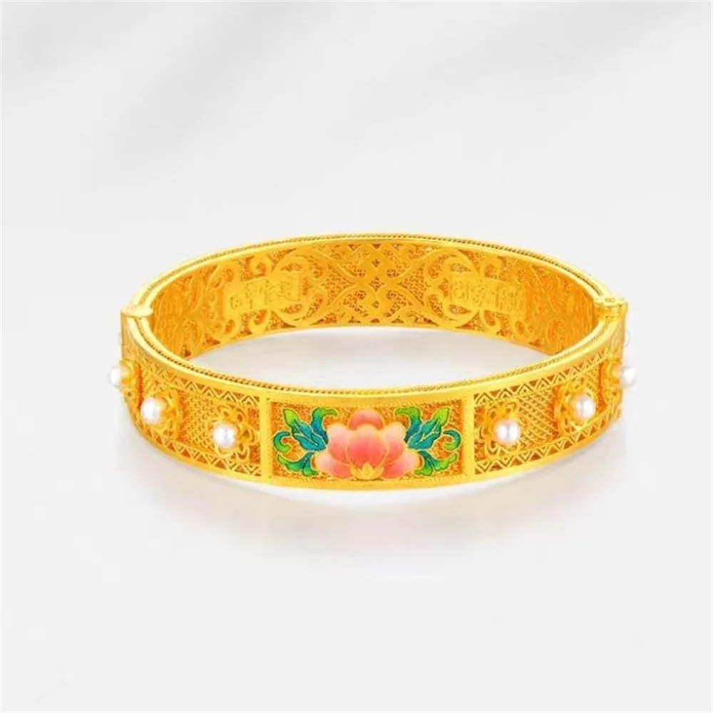 OUYADI 14K Gold Plated Stainless Steel Enamel Lotus Hollow Clasp Bangle For Women, Retro Pearl Inlay Luxury Jewelry Gift For Mom